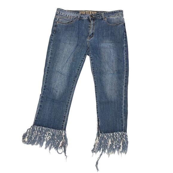 VIP Womens Jeans Straight Leg Stretch Raw Hem Festival Boho Medium Wash 15/16 - Picture 1 of 6